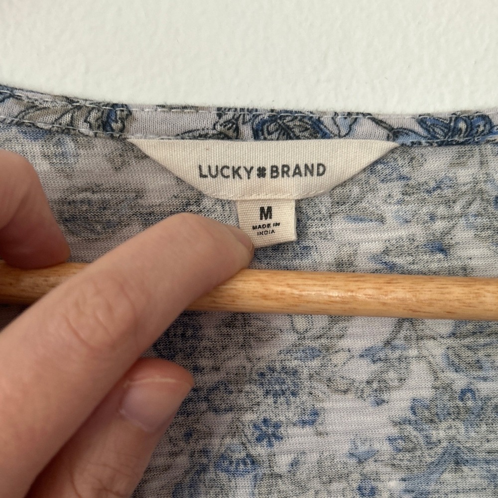 Lucky Brand Blue Floral Smocked Peplum Blouse M Cotton Modal Linen 2025 Cottage - Picture 3 of 13
